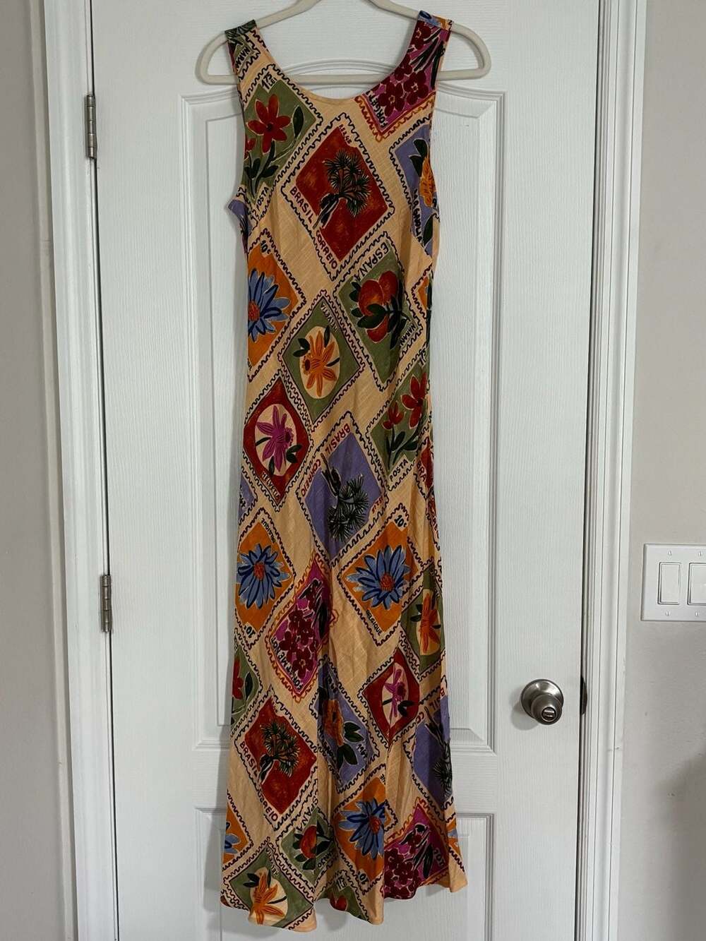 Paper Heart Vintage Style Stamp Print Linen Blend Sleeveless Maxi Dress